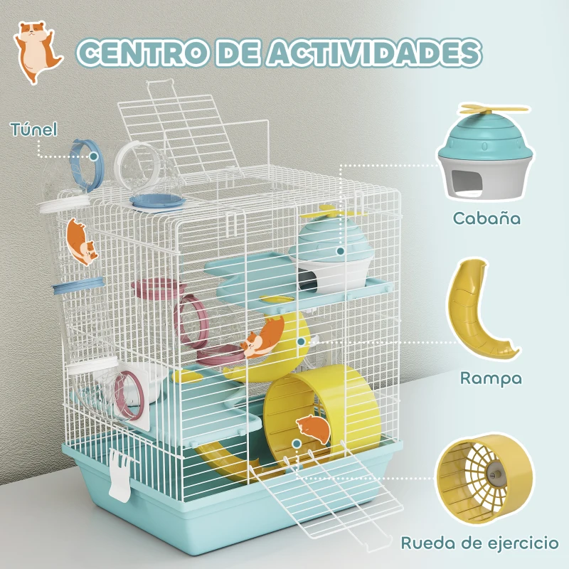 PawHut Jaula para Hámster con Túnel Plataformas Cuenco Bebedero Casita Rampas y Rueda de Ejercicio 47x30x70 cm Gris