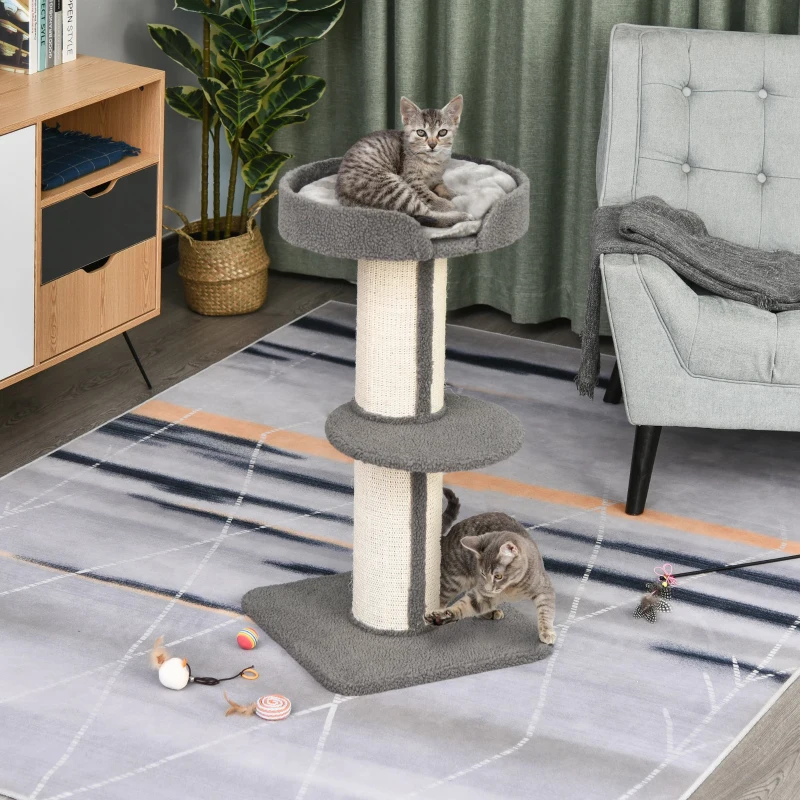 PawHut Arbre à chat, arbre à grimper griffoir pour chat, tissu bouclette, centre d'activités avec 2 plate-formes, poteau à griffer, hauteur 91 cm, gris