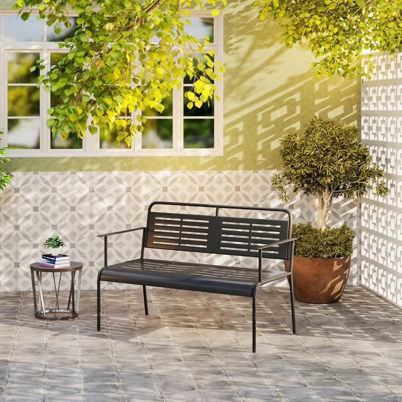 Outsunny -posti Panchina da giardino, panca resistente alle intemperie, panca idrorepellente con schienale e braccioli 121 x 64 x 84cm, Nero