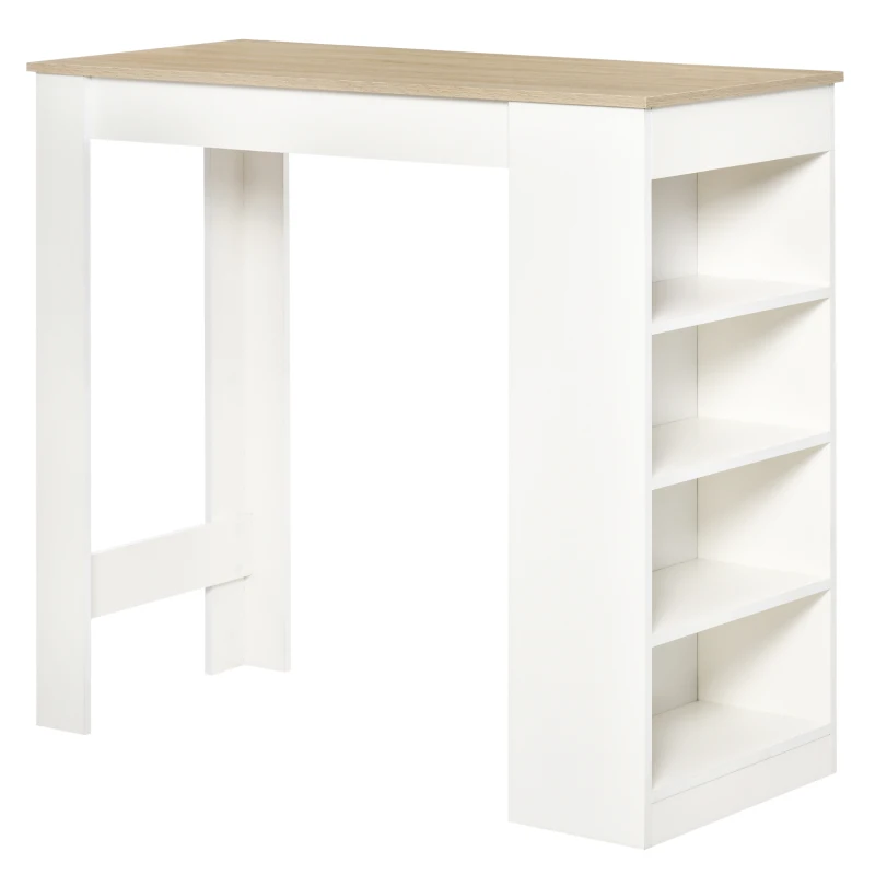 HOMCOM Mesa de bar para 2 pessoas, mesa alta para refeições em pé com 4 prateleiras abertas, 115x50x102,7cm, branco e madeira natural