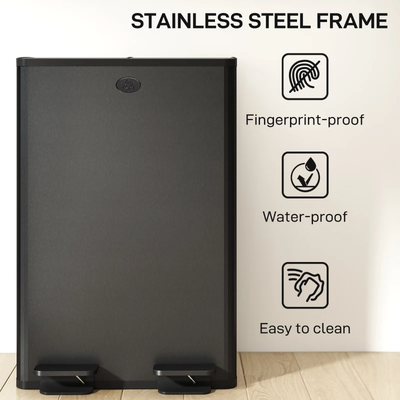 HOMCOM 56L Dual Compartment Stainless Steel Bin, with Deodoriser Holders - Black