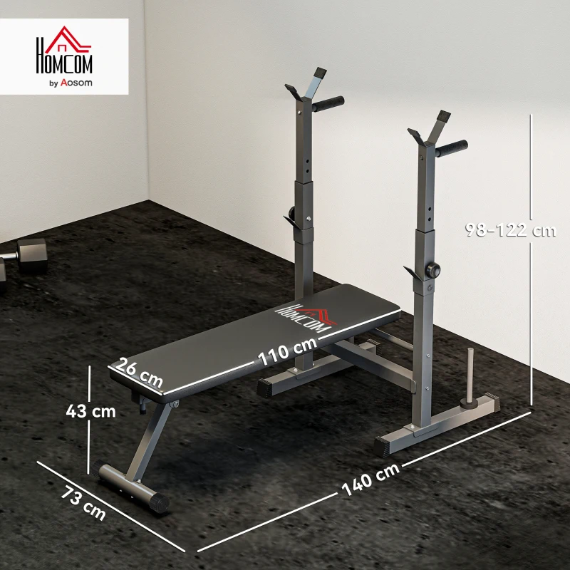 HOMCOM Panca Pesi Pieghevole con 8 Altezze Regolabili e Supporto Bilanciere in Acciaio e PU, 140x73x98-122 cm, Grigio