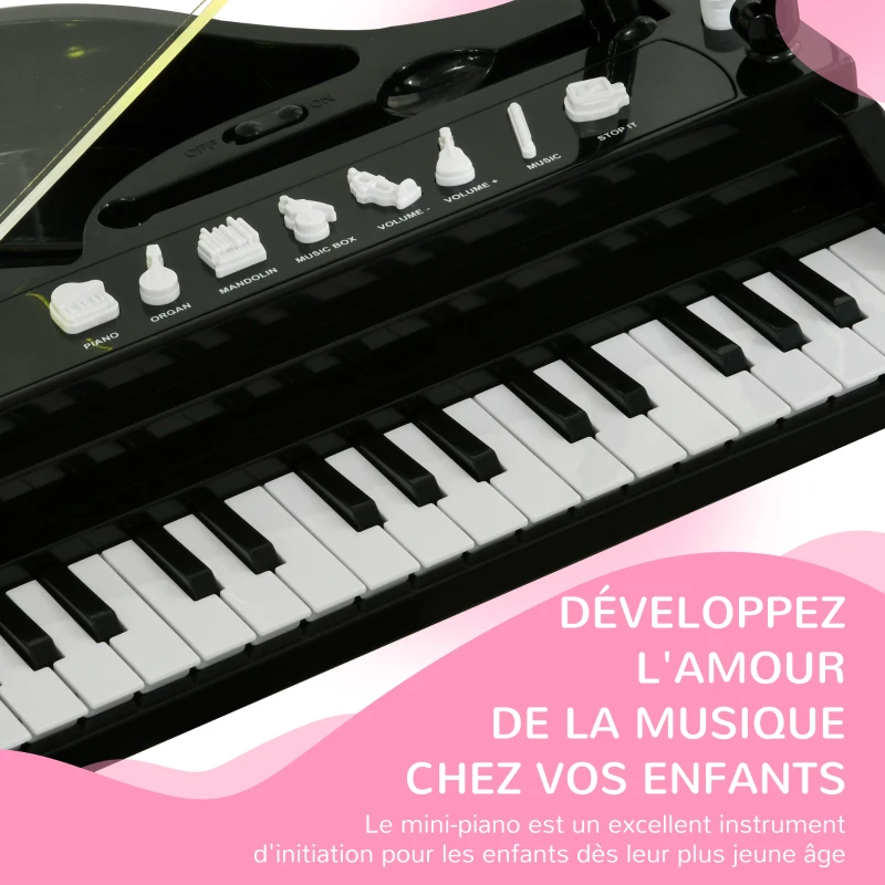 AIYAPLAY Piano enfant électronique 32 touches multifonctions avec micro haut parleur tabouret couvercle lumineux LED noir