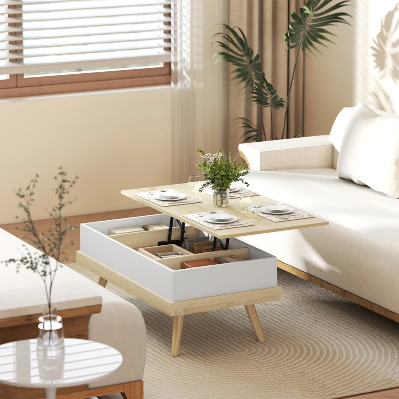 HOMCOM Mesa de Centro Elevable con 3 Compartimientos de Almacenaje Ocultos y Patas de Madera 100x79x54 cm Natural y Blanco