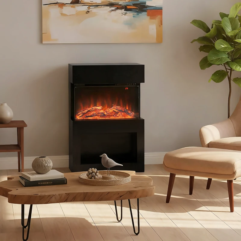 HOMCOM 19" Electric Fireplace with Surround, 3D Flame Effect, 6 Colours & 3 Brightness Levels, 1000W/2000W Black Electric Fire and Mantel Reach up to 30㎡ Space with Remote & Timer, 3 Sided View
