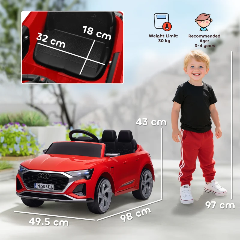 AIYAPLAY Auto elettrica per bambini, 12V Audi Q8, 3-5 km/h, telecomando, fari, musica, Rosso