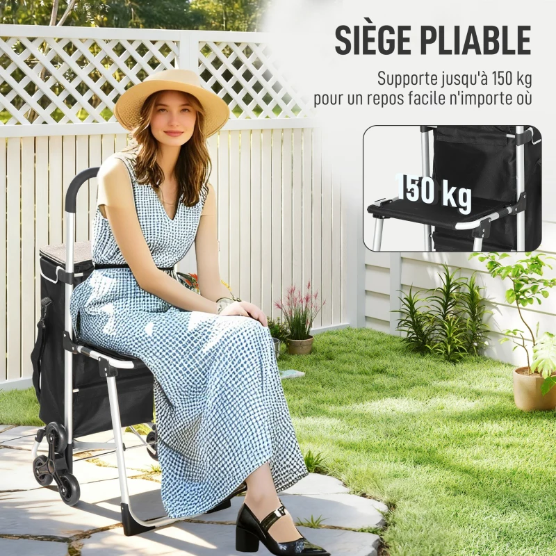 HOMCOM Chariot de courses pliable caddie de courses portable à roulettes avec siège pliable, sac amovible, 46x59,5x97cm, noir