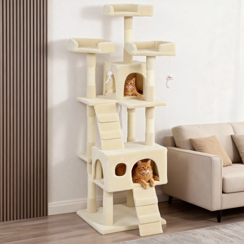 PawHut Árbol Rascador para Gatos Árbol para Gatos 153 cm con 2 Cuevas 3 Camas 2 Rampas Postes de Sisal Ratones Colgantes Crema