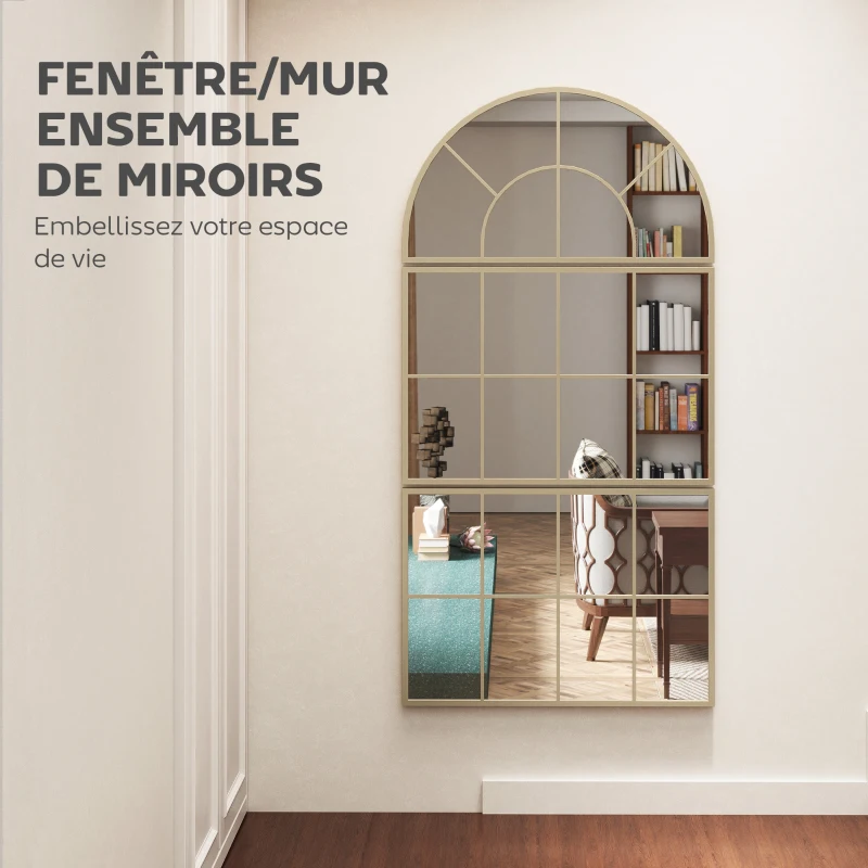 HOMCOM Miroir mural arqué miroir mural en forme de fenêtre ensemble de 3 pièces cadre en métal 76 x 150 cm doré