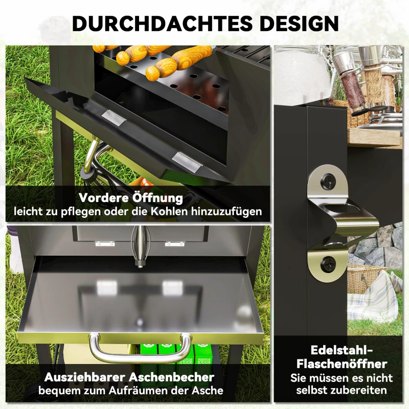 Outsunny Barbecue a carbone, vasca carbone regolabile in altezza, carrello, ripiani, termometro, apribottiglie, acciaio, legno, nero