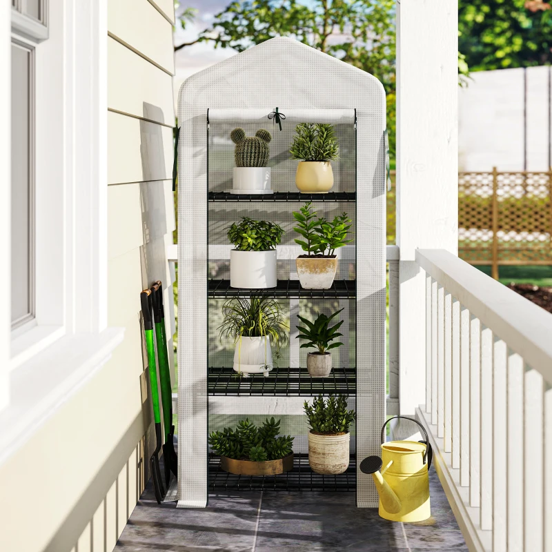 Outsunny Invernadero de Exterior con 4 Estantes, Invernadero Pequeño con Puerta Enrollable, Marco de Acero y Cubierta de PE 140g/㎡, Anti-UV para Plantas, Macetas, Flores, 70x50x160 cm, Blanco