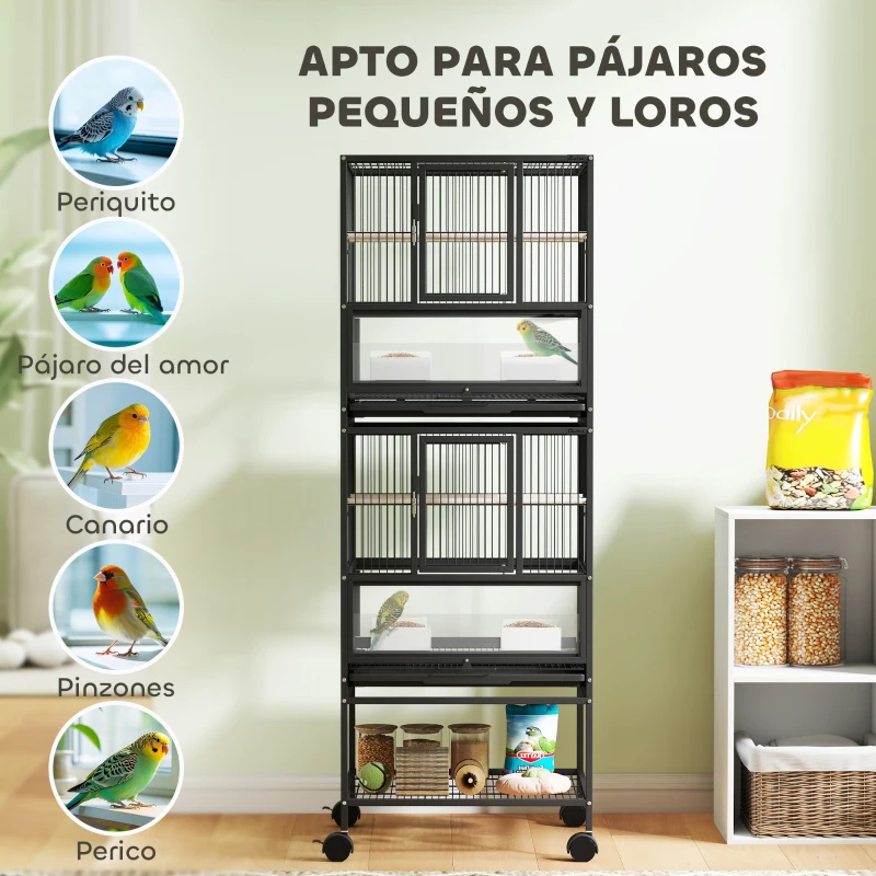 PawHut Jaula para Pájaros de 2 Niveles con Paneles Acrílicos Comederos Perchas Ruedas y Estante Inferior 48x46x134,5 cm Negro