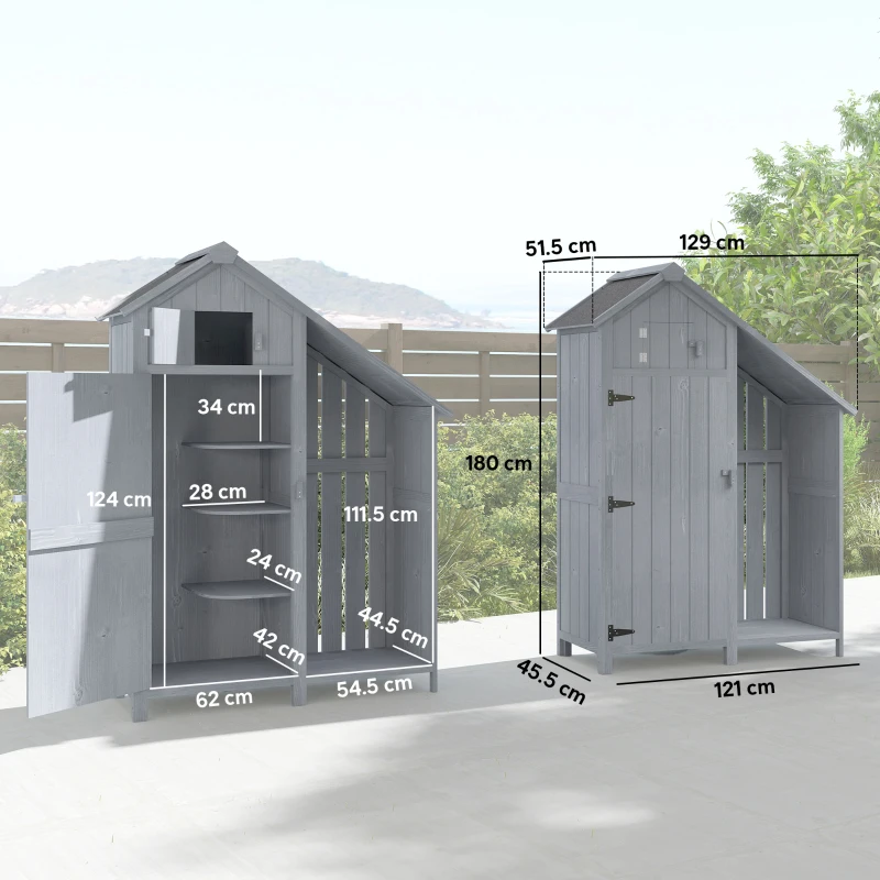 Outsunny Armadio da Giardino con Tetto in Asfalto, Resistente alle Intemperie, in Legno, 129x51,5x180 cm, Grigio