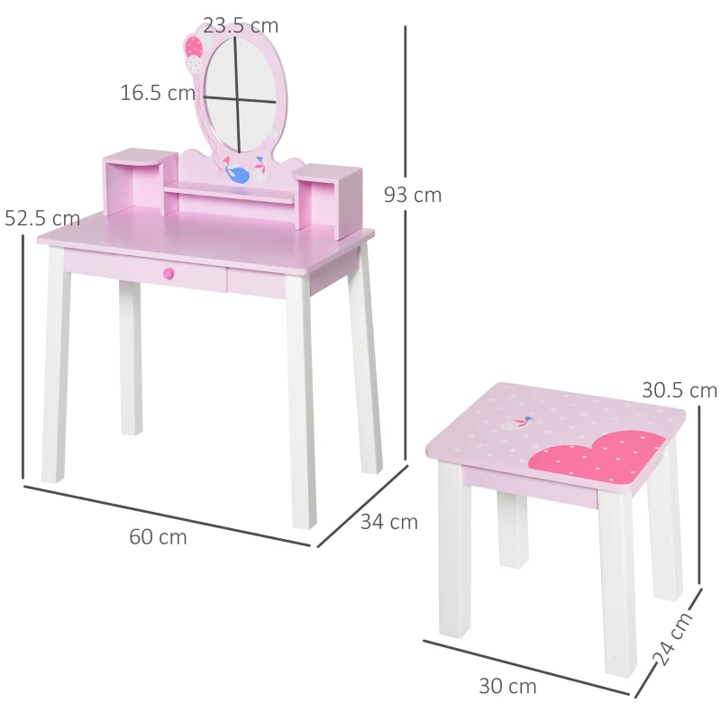 HOMCOM Kids Wooden Dressing Table and Stool Make Up Desk