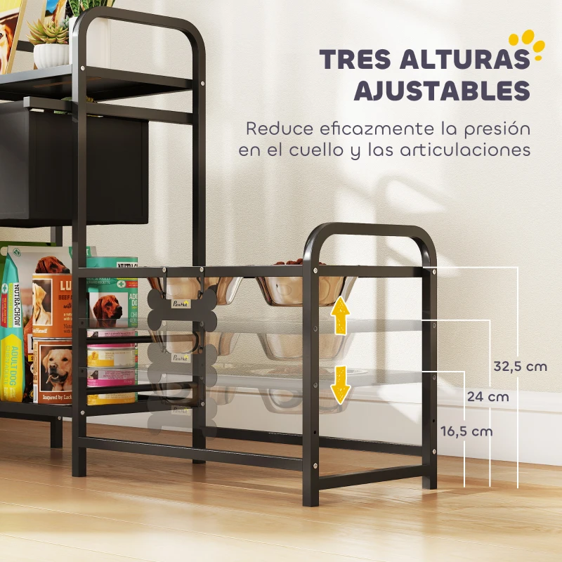 PawHut Comedero Perro Elevado con Cajón de Tela 2 Cuencos de Acero Inoxidable 2x800 ml Altura Ajustable 2 Estantes Negro