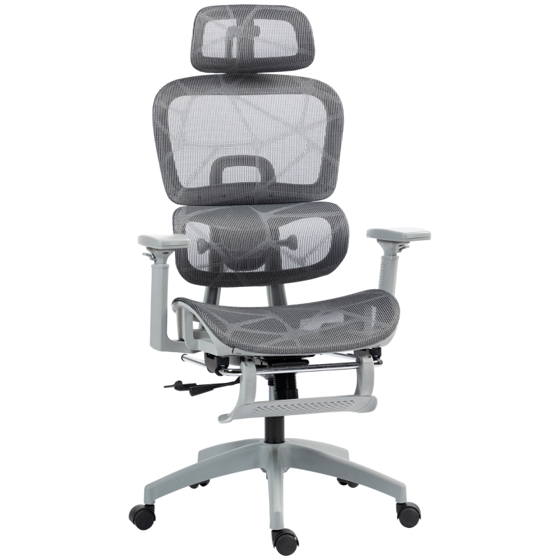 HOMCOM Sedia da ufficio, sedia da scrivania ergonomica con rivestimento in rete, regolabile, con ruote, con braccioli, poggiatesta, Grigio | Italy