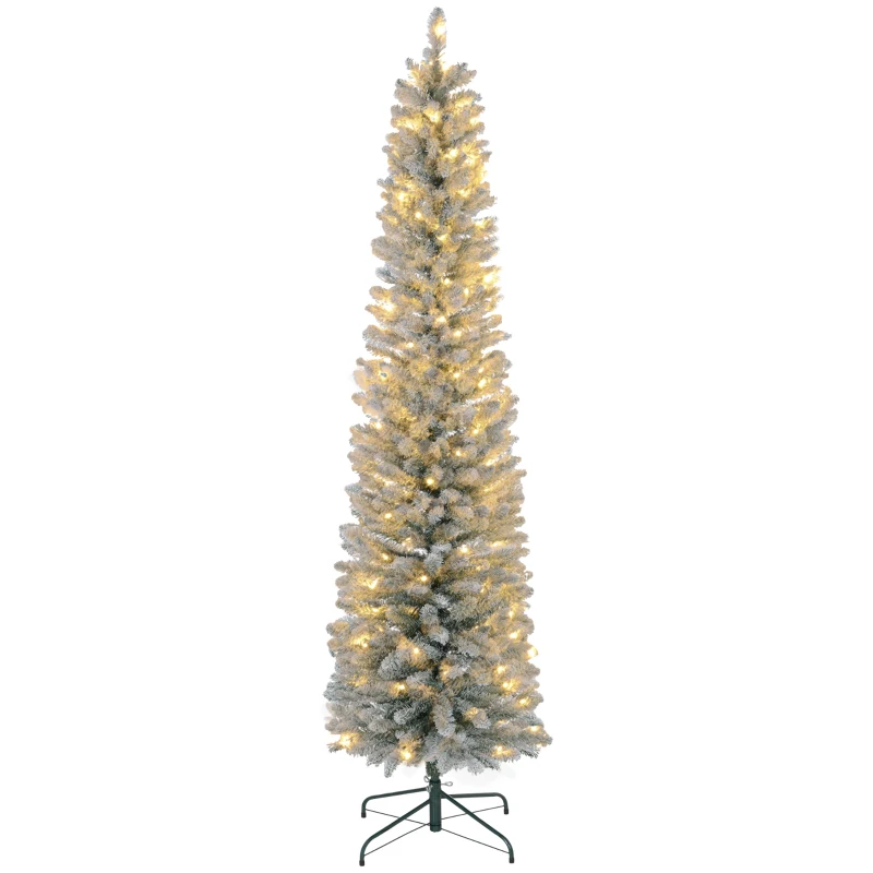 HOMCOM Albero di Natale Innevato con 405 Rami e Luci LED Bianche in Plastica e Metallo, Ø57x210 cm, Verde