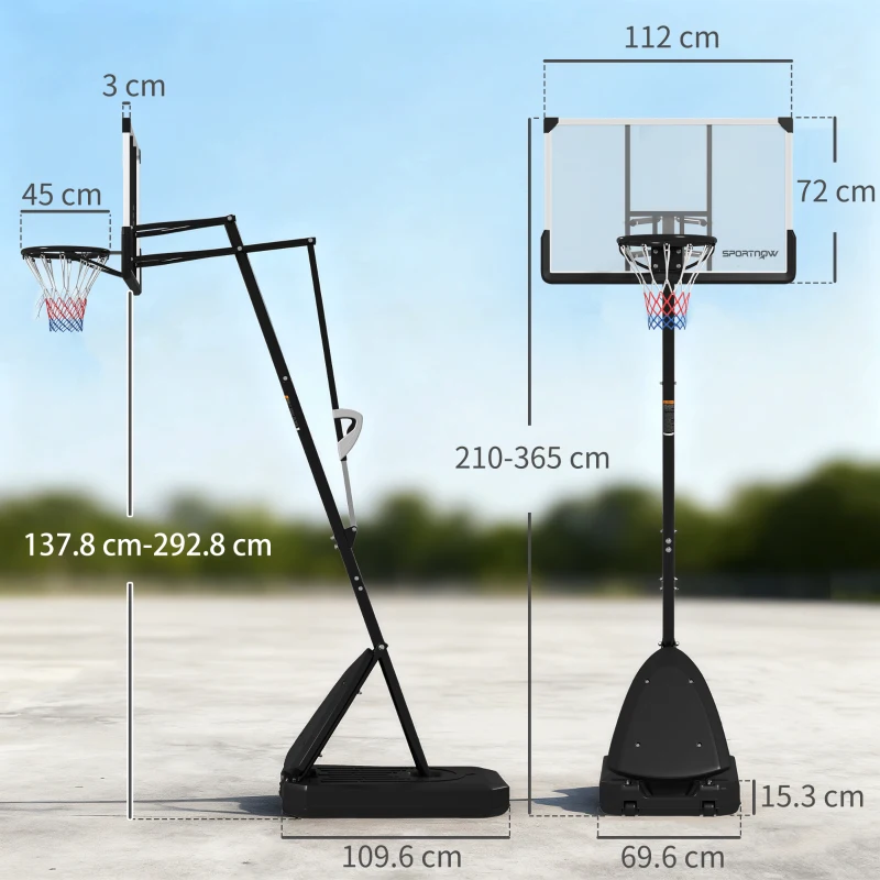 SPORTNOW Canasta de Baloncesto para Exterior Ajustable de 150-305 cm con Ruedas Base Rellenable y Sistema de Retorno Negro