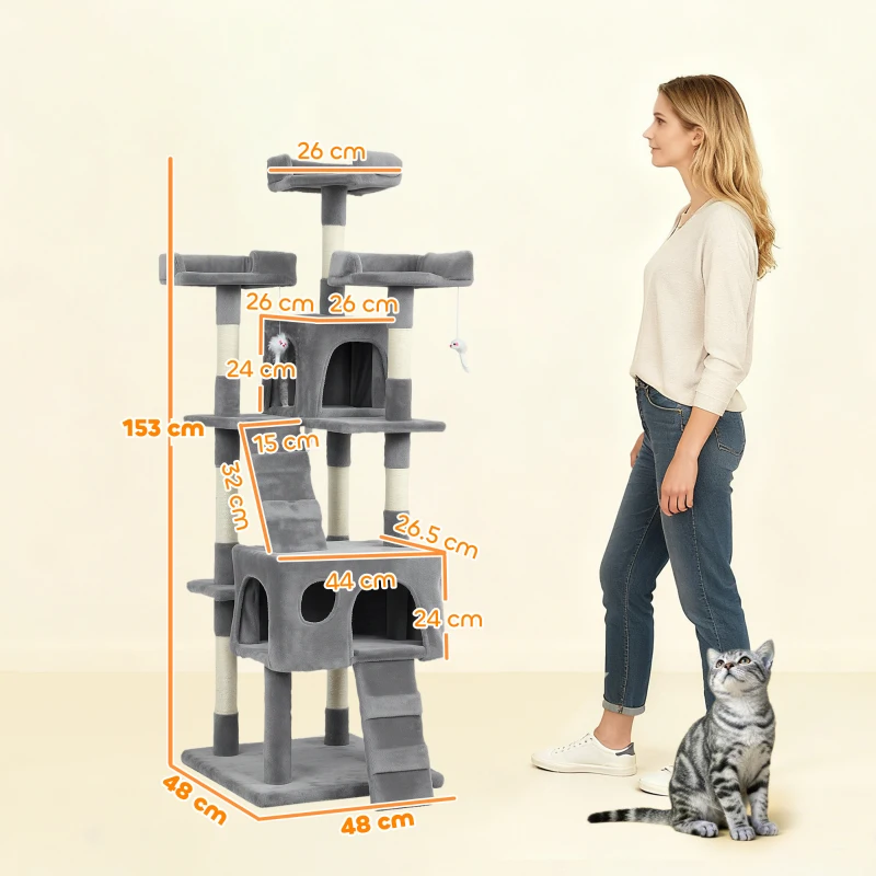 PawHut Albero Tiragraffi per Gatti Albero per Gatti 153 cm con 2 Tane 3 Lettini 2 Rampe Pali in Sisal Topolini Appesi Grigio