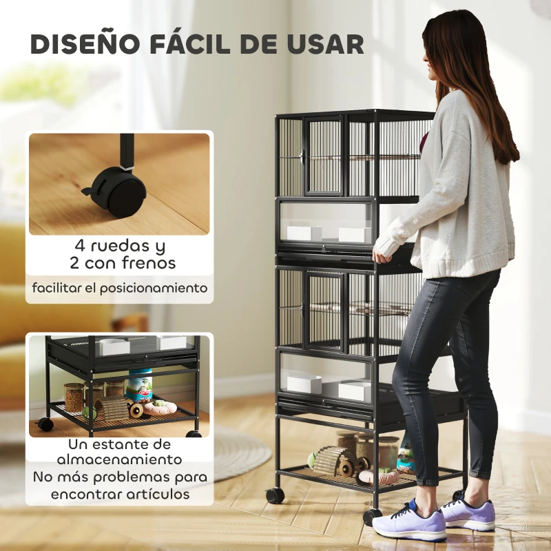 PawHut Jaula para Pájaros de 2 Niveles con Paneles Acrílicos Comederos Perchas Ruedas y Estante Inferior 48x46x134,5 cm Negro
