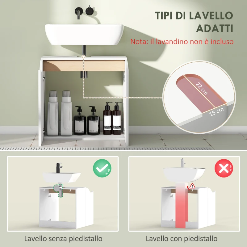 HOMCOM Mobile Sottolavabo con 2 Ante Ammortizzate per Lavabo Senza Piedistallo, 60x35x57.9 cm, Bianco