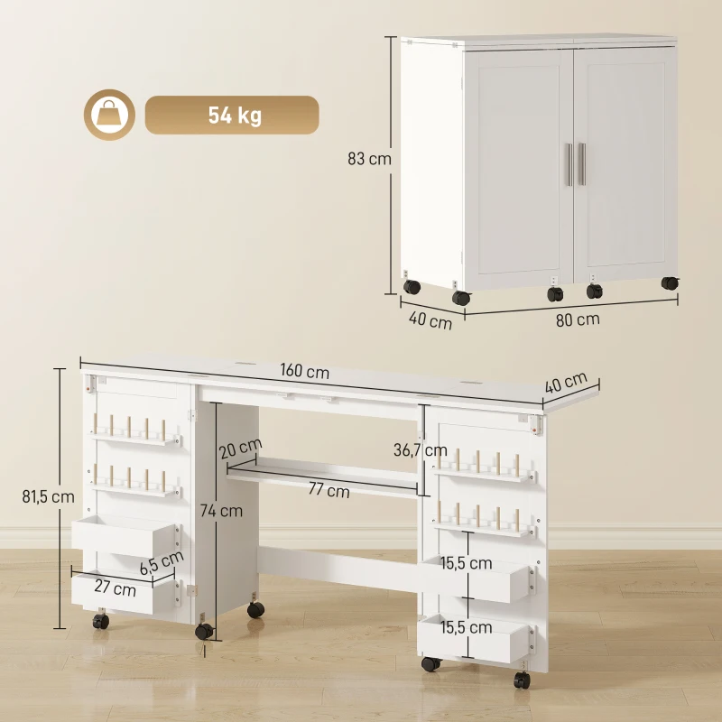 HOMCOM Mesa de Costura Plegable con 6 Ruedas 20 Clavijas para Hilos 4 Compartimentos Estante Blanco