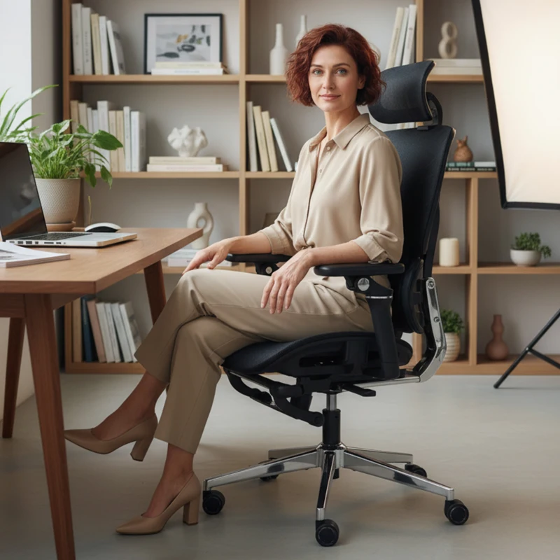 HOMCOM Cadeira de Escritório Ergonómica Cadeira de Secretária com apoio lombar e de cabeça ajustáveis, apoios de braço 5D dobráveis, apoio de pés, malha preta