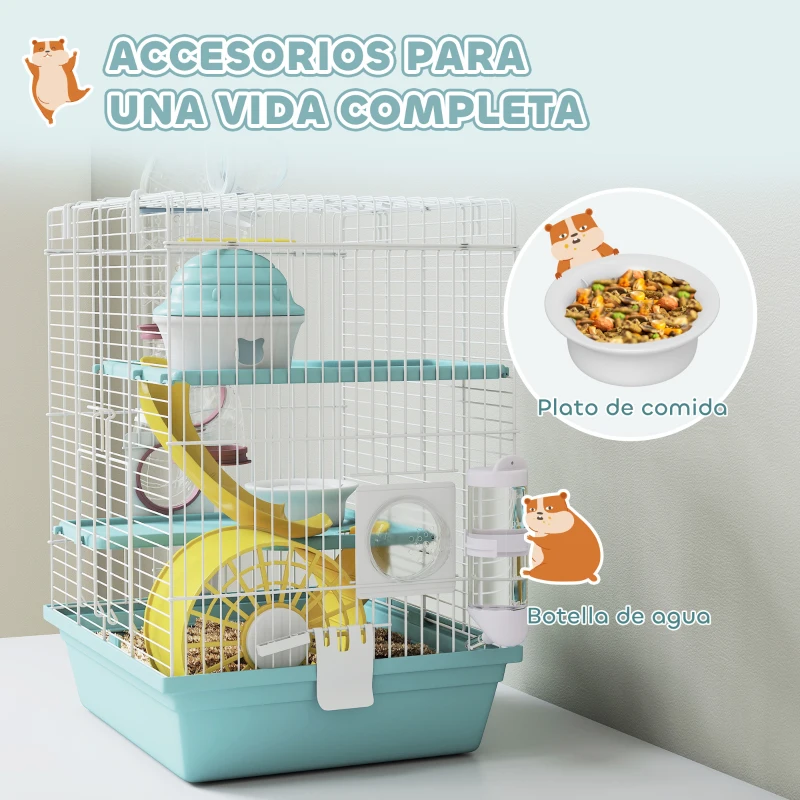 PawHut Jaula para Hámster con Túnel Plataformas Cuenco Bebedero Casita Rampas y Rueda de Ejercicio 47x30x70 cm Gris