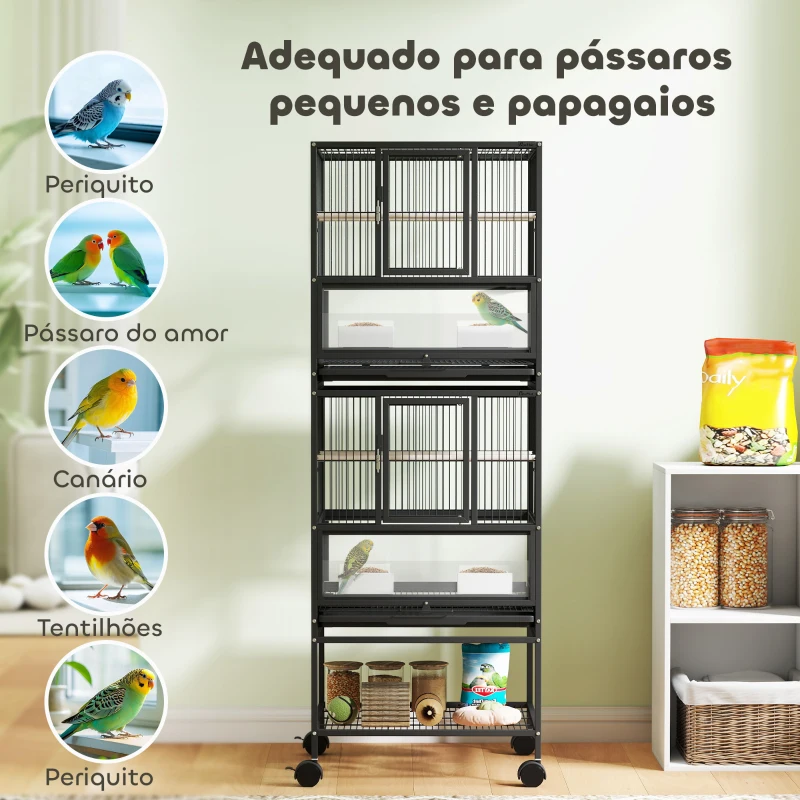 PawHut Gaiola para Pássaros de 2 Níveis com Rodas Painéis Acrílicos Comedouros Prateleira Bandejas Amovíveis  48x46x134,5 cm Preto