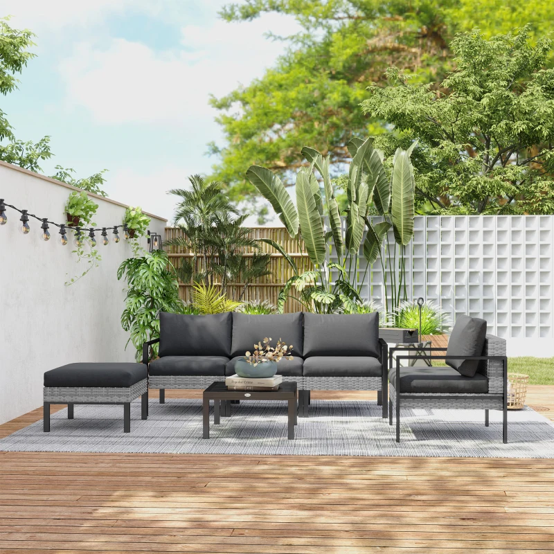 Outsunny Set lounge da giardino per 5 persone, lounge per balcone in rattan, con poltrone, sgabello e tavolino, Grigio chiaro