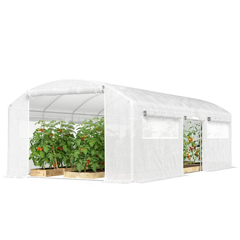 Outsunny Tunnelgewächshaus 6x3x2 m mit 3 aufrollbaren Türen, 6 Netzfenstern und verzinktem Stahlrahmen, Weiß