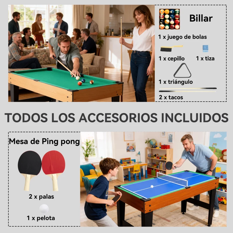 SPORTNOW Mesa Multijuegos 5 en 1 con Futbolines para Niños Billar Ping-pong Hockey y Baloncesto 134x108x144 cm Natural y Negro