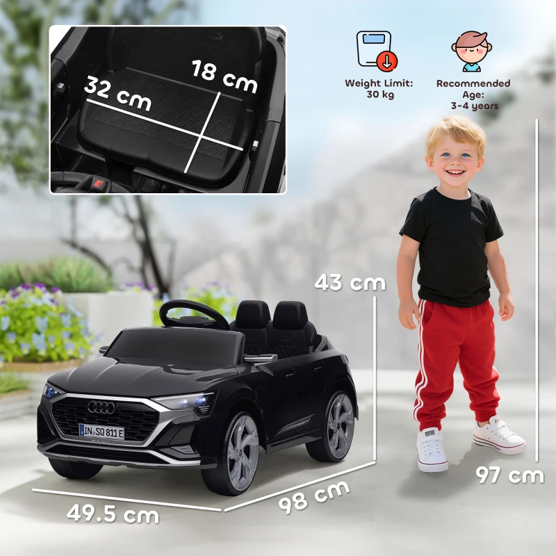 AIYAPLAY Auto elettrica per bambini, 12V Audi Q8 etron Sportback, 3-5 km/h, telecomando, fari, musica, Nero