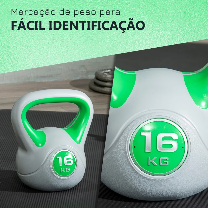 SPORTNOW Kettlebell 16 kg Peso Russo com Revestimento de PU e Enchimento de Areia para Treinamento 26x18x32 cm Verde e Cinza