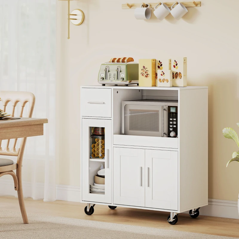 HOMCOM Mobile da cucina su ruote, mobiletto da cucina con ripiani, cassetti, ripiano regolabile, foro passacavi, bianco