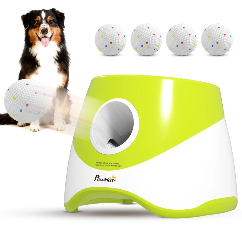 PawHut Automatic Dog Ball Launcher with 5 ETPU Tennis Balls 2.3", 3 Distance Settings 6m/10m/12m, Green