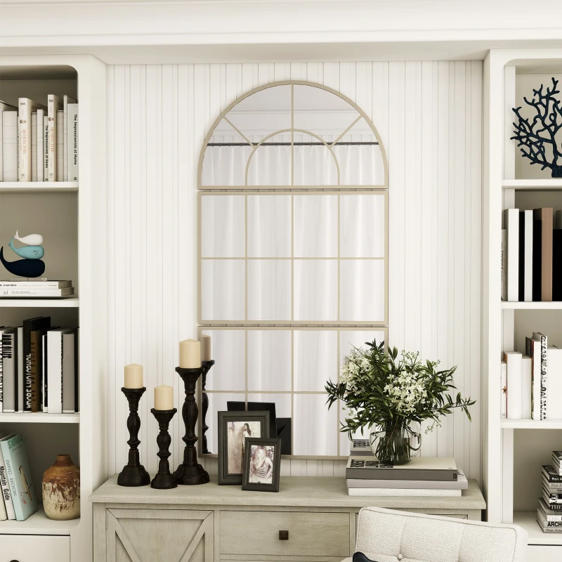 HOMCOM Miroir mural arqué miroir mural en forme de fenêtre ensemble de 3 pièces cadre en métal 76 x 150 cm doré