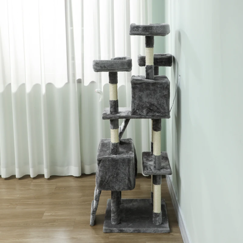PawHut Albero Tiragraffi per Gatti Albero per Gatti 153 cm con 2 Tane 3 Lettini 2 Rampe Pali in Sisal Topolini Appesi Grigio