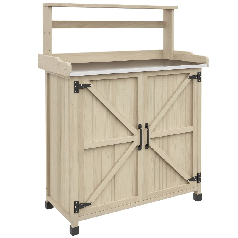 Outsunny Mesa de Cultivo para Jardín con Armario y Estantes, 90,5x41x124,5 cm, Madera Natural