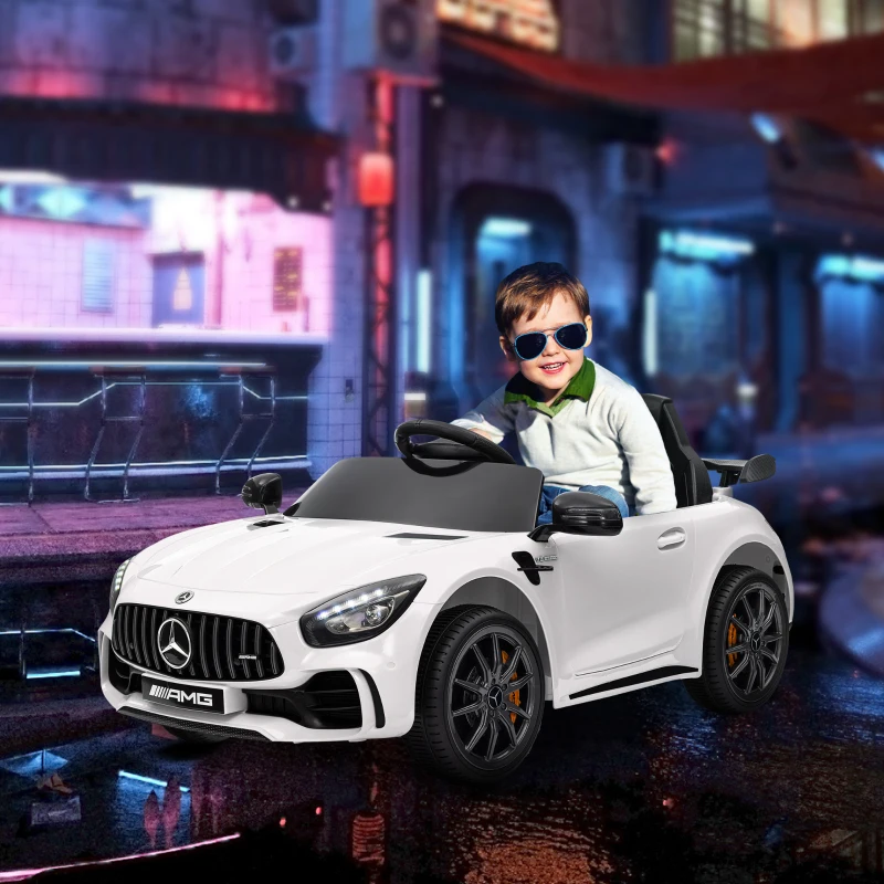 AIYAPLAY Auto elettrica per bambini, Mercedes, 3-5 km/h, telecomando, luci e musica, Bianco