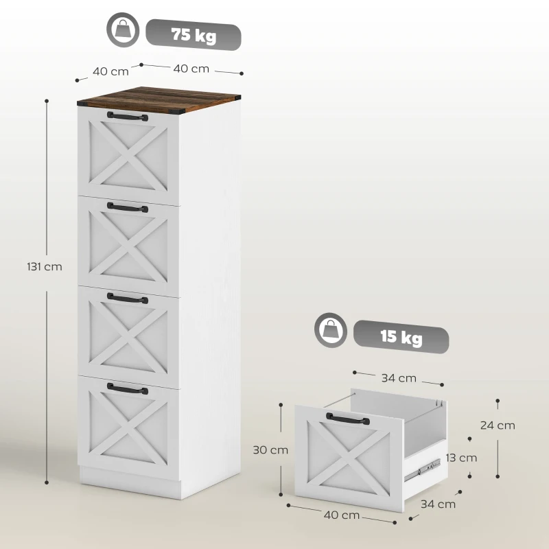 HOMCOM Móvel para Escritório com 4 Gavetas com Trilho Suspenso para A4 e Carta 40x40x131 cm Branco