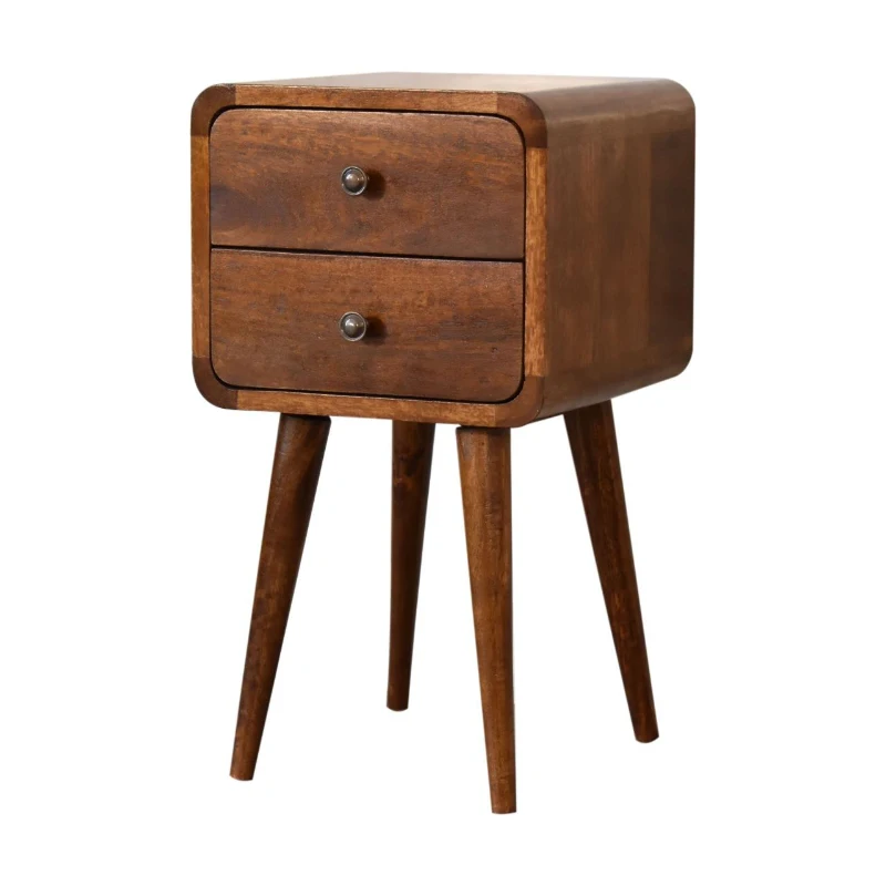 Solid Mango Wood Mini Bedside Table with 2 Smooth-Gliding Drawers, Slim Nordic Legs, Hand-Finished Desk for Living Room, 30L x 30W x 55H cm, Brown