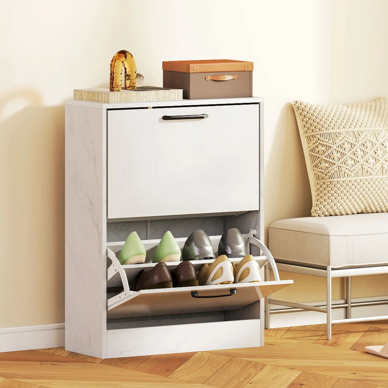 HOMCOM Zapatero Estrecho 2 Puertas de Alto Brillo Estantes Ajustables Diseño Mármol para 8 Pares de Zapatos 60x24x80 cm Blanco