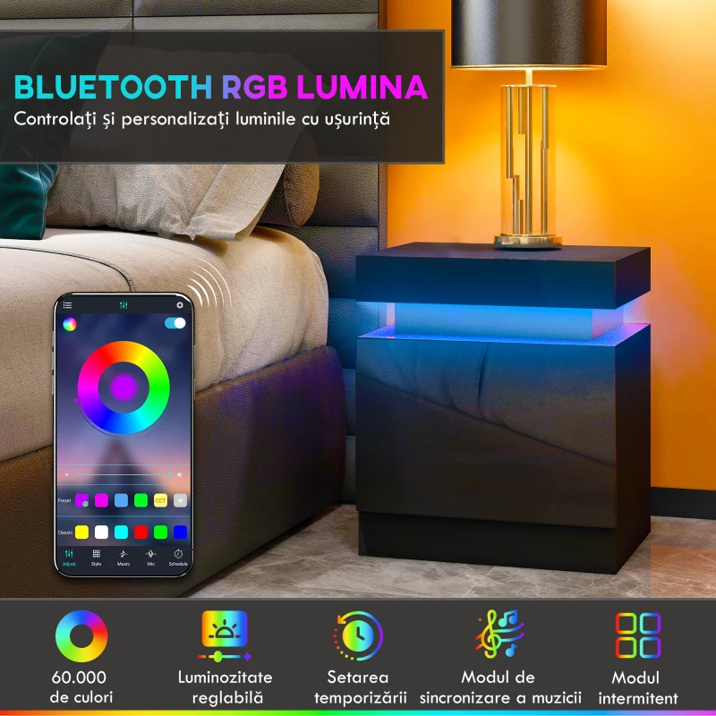HOMCOM Masă de noapte neagră cu lumină LED, Front lucios cu 2 sertare, pentru Sufragerie, Dormitor