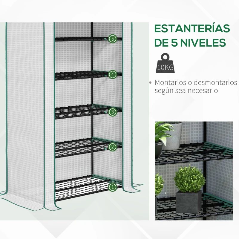 Outsunny Invernadero Resistente de 5 Niveles con 1 Puerta con Cremallera Anti-UV Diseño Ensanchado y Estantes 90x49x193 cm Blanco