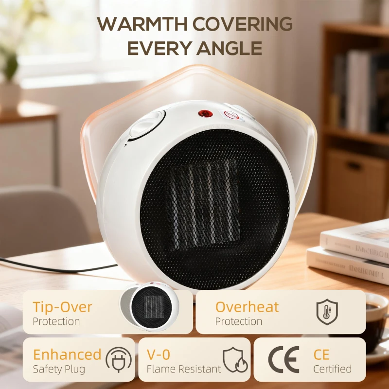 HOMCOM 1500W Small Space Heater, Ceramic Electric Plug in Fan Heater with 3 Heat Setting, Adjustable Temperature, Tip-Over, Overheating Protection, Low Energy, White