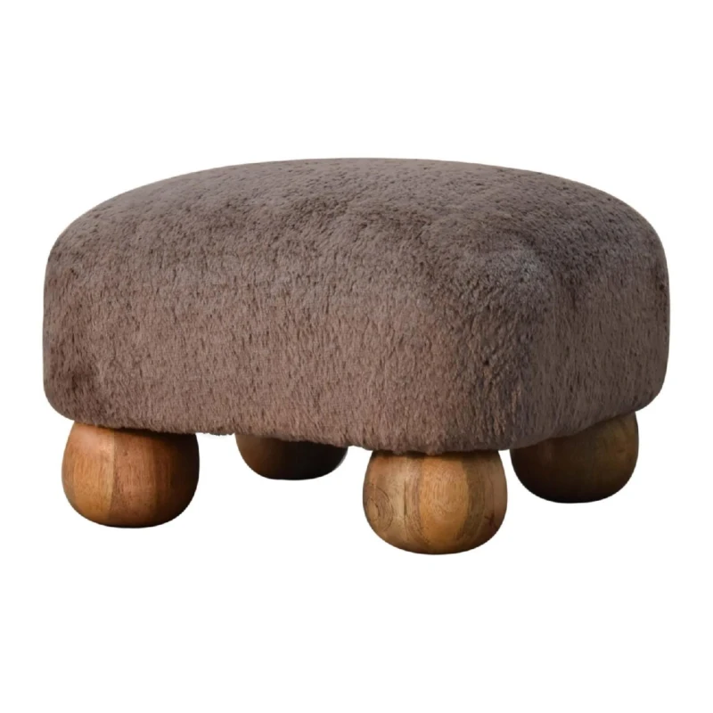 Solid Wood Faux Fur Nordic Footstool with High-Resilience Cushioning, Upholstered Square Seat with Storage Drawer, 42L x 42W x 28H cm, Brown