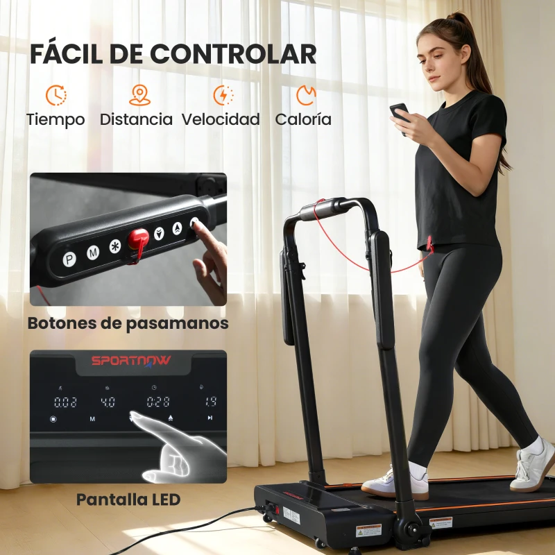 SPORTNOW Cinta de Correr Plegable con Escritorio Extraíble 2.5HP 1-12 KM/H Pantalla LED Manillar y Soporte para Móvil Negro