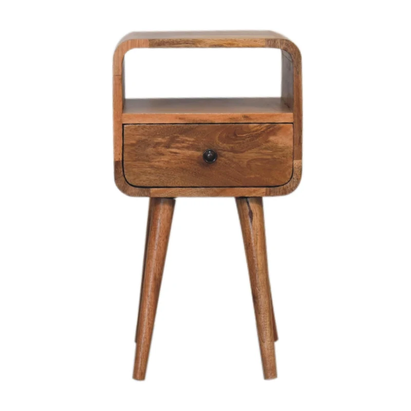 100% Solid Mango Wood Mini Bedside Table with Unique Grain, Handcrafted Desk with Drawer and Open Shelf, 30L x 30W x 55H cm, Brown