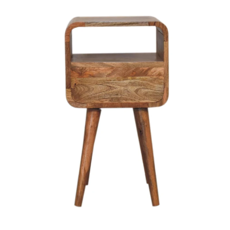 100% Solid Mango Wood Mini Bedside Table with Unique Grain, Handcrafted Desk with Drawer and Open Shelf, 30L x 30W x 55H cm, Brown